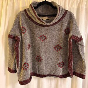 Lucky Brand Boho Embroidered Knit Sweater | Gray Red Cotton Cowl Pullover | M